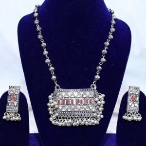 Melodic Glamour: Long German Rectangle Ghungroo Oxidized Necklace Set