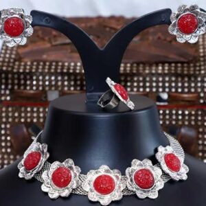 Ruby Blossom: German Oxidized Semiprecious Stone Flower Jewelry Set